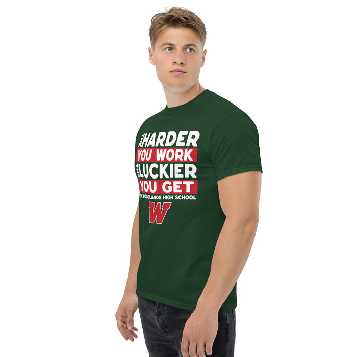 Man wearing The Woodlands High School Highlanders Forest Green Classic Unisex T-shirt 238