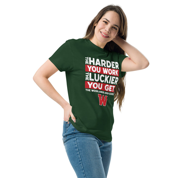 Woman wearing The Woodlands High School Highlanders Forest Green Classic Unisex T-shirt 238