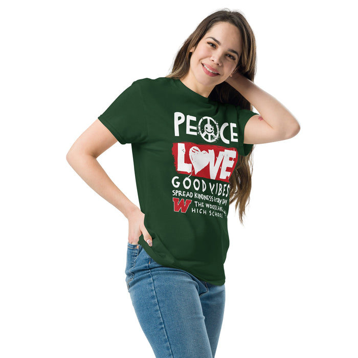 Woman wearing The Woodlands High School Highlanders Forest Green Classic Unisex T-shirt 240