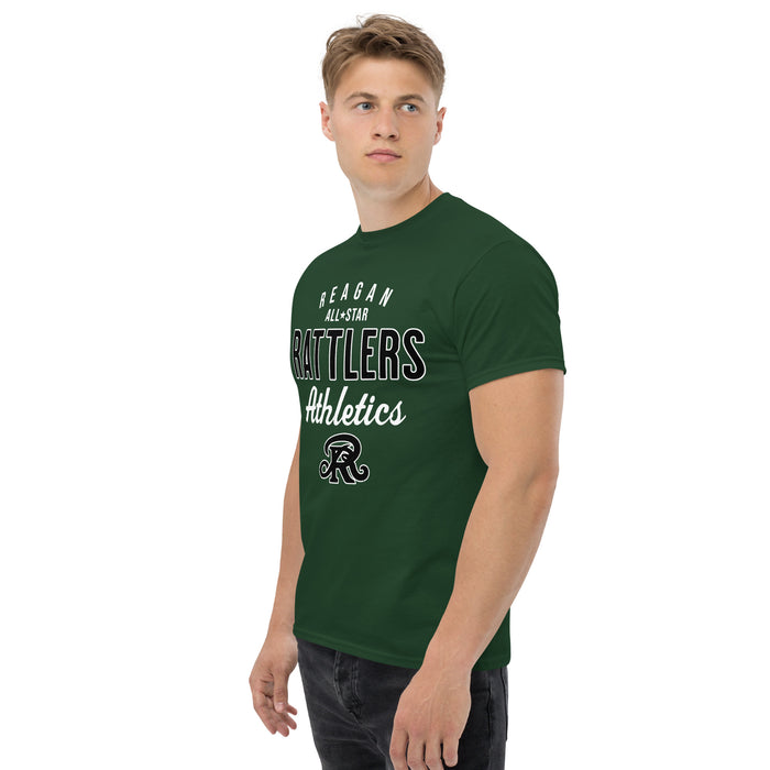 Man wearing Reagan High School Rattlers Forest Green Classic Unisex T-shirt 034