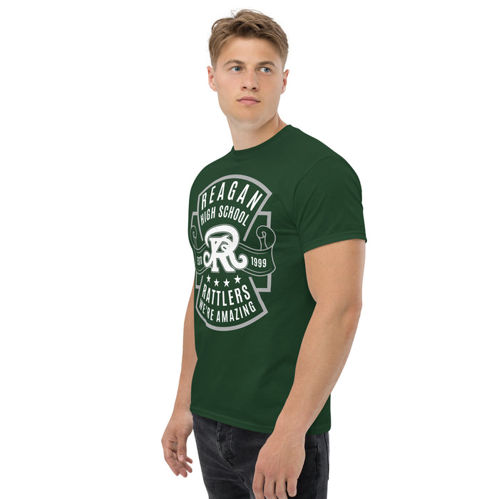 Man wearing Reagan High School Rattlers Forest Green Classic Unisex T-shirt 207