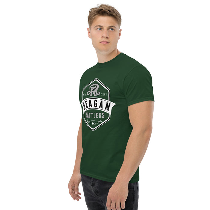 Man wearing Reagan High School Rattlers Forest Green Classic Unisex T-shirt 209