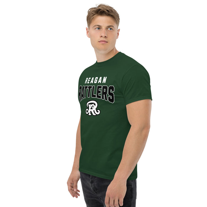 Man wearing Reagan High School Rattlers Forest Green Classic Unisex T-shirt 234