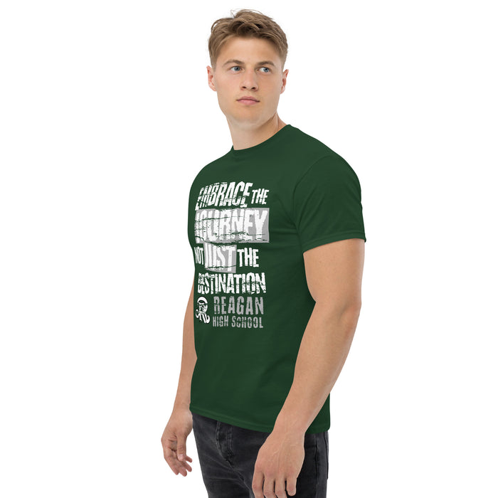 Man wearing Reagan High School Rattlers Forest Green Classic Unisex T-shirt 232