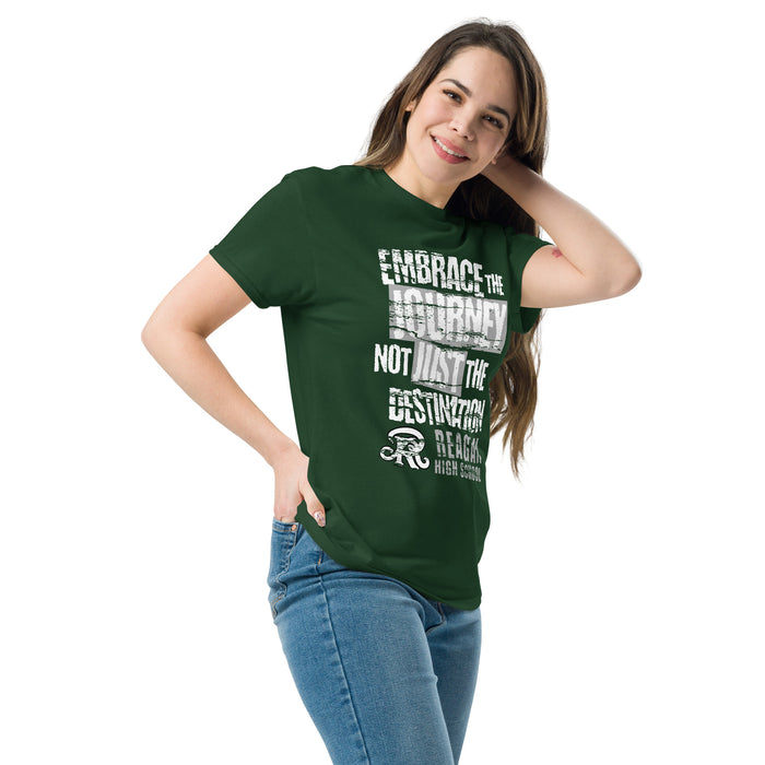 Woman wearing Reagan High School Rattlers Forest Green Classic Unisex T-shirt 232