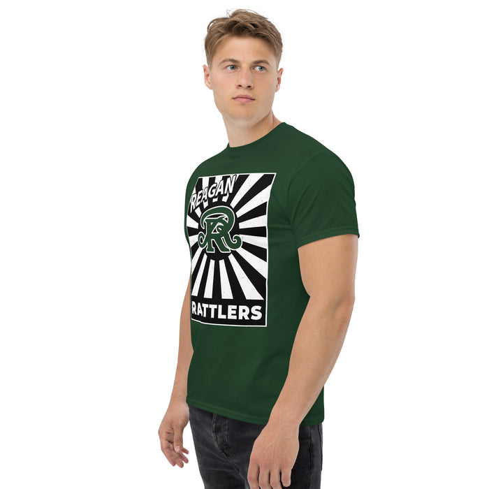 Man wearing Reagan High School Rattlers Forest Green Classic Unisex T-shirt 226