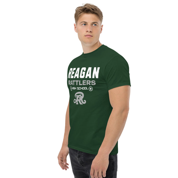 Man wearing Reagan High School Rattlers Forest Green Classic Unisex T-shirt 003