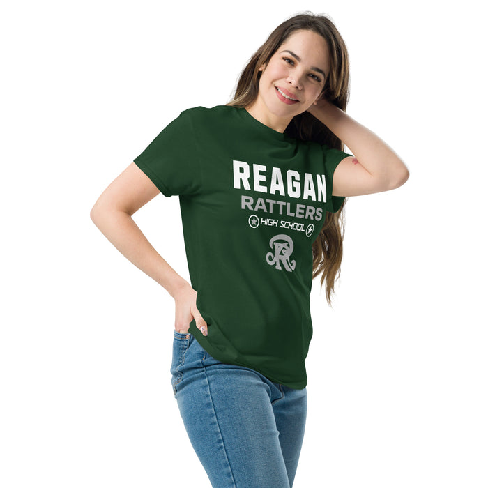 Woman wearing Reagan High School Rattlers Forest Green Classic Unisex T-shirt 003