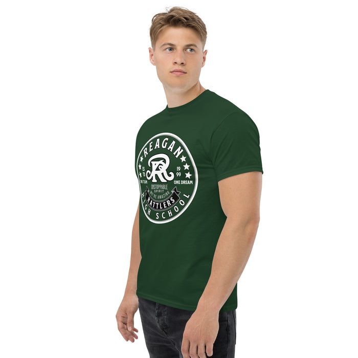 Man wearing Reagan High School Rattlers Forest Green Classic Unisex T-shirt 215