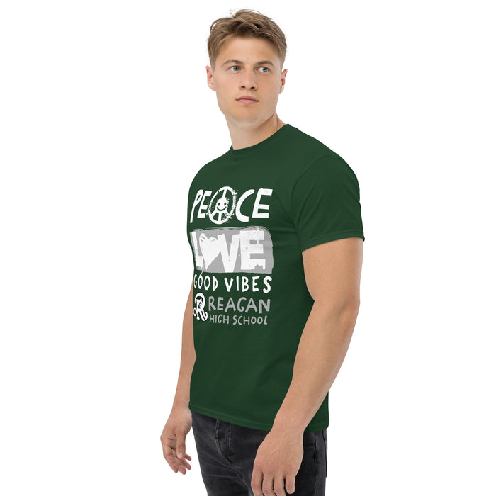 Man wearing Reagan High School Rattlers Forest Green Classic Unisex T-shirt 240