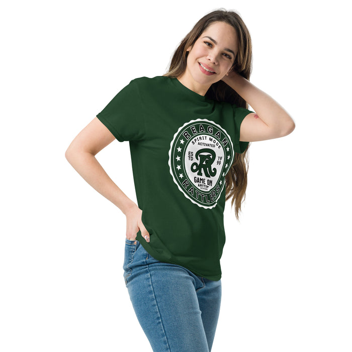 Woman wearing Reagan High School Rattlers Forest Green Classic Unisex T-shirt 216