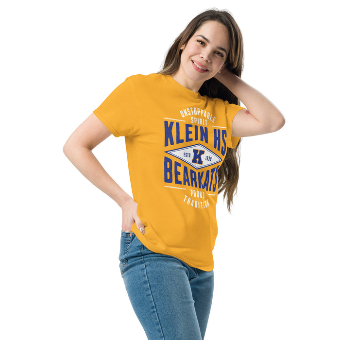 Woman wearing Klein High School Bearkats Gold Classic Unisex T-shirt 210