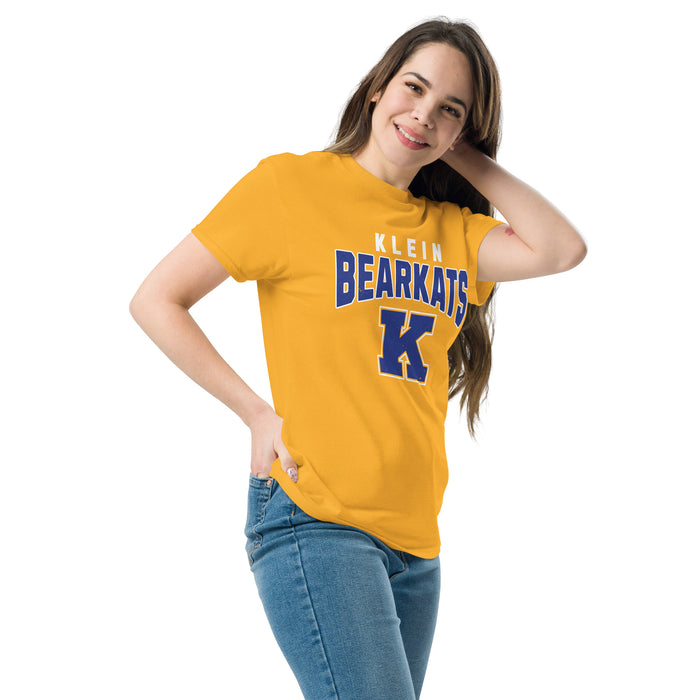 Woman wearing Klein High School Bearkats Gold Classic Unisex T-shirt 234