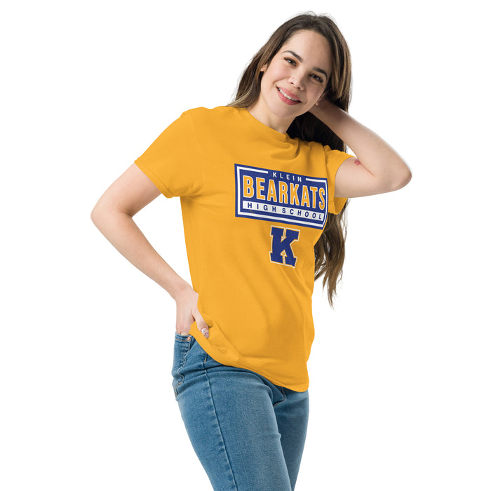 Woman wearing Klein High School Bearkats Gold Classic Unisex T-shirt 049