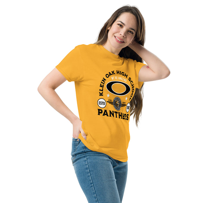 Woman wearing Klein Oak High School Panthers Classic Unisex Gold T-shirt 208