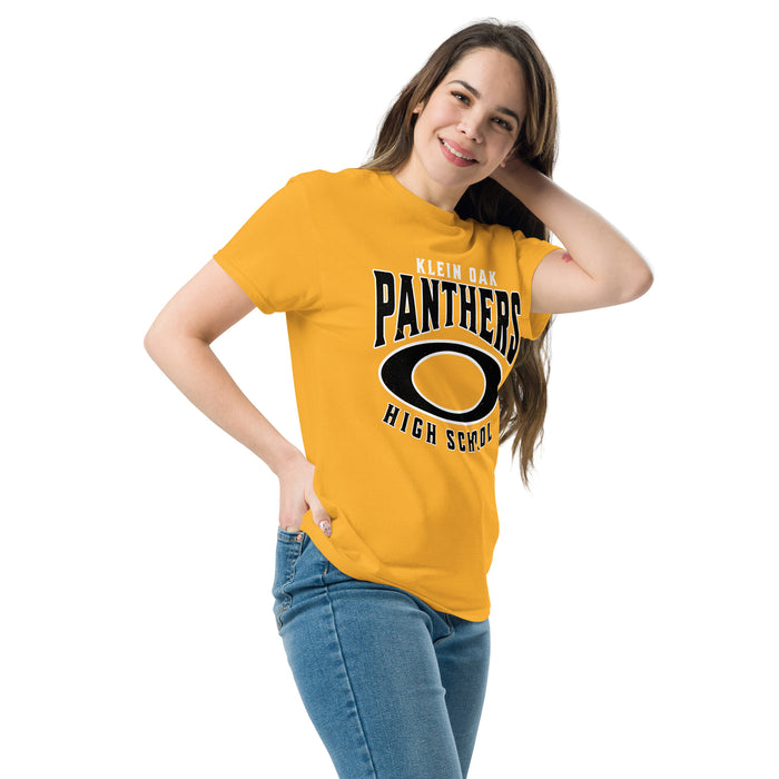 Woman wearing Klein Oak High School Panthers Classic Unisex Gold T-shirt 213