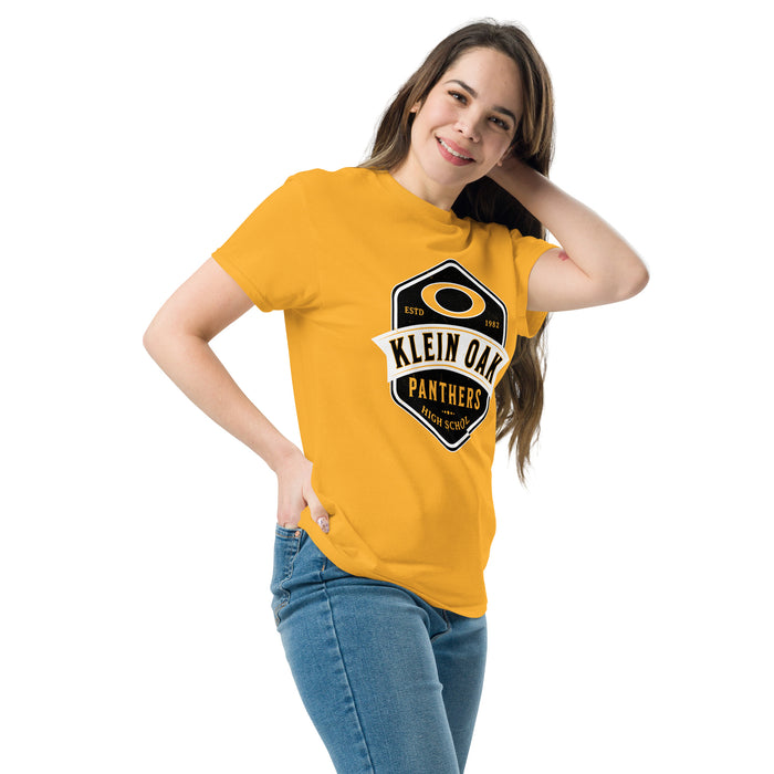 Woman wearing Klein Oak High School Panthers Classic Unisex Gold T-shirt 209