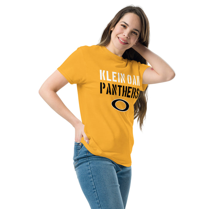 Woman wearing Klein Oak High School Panthers Classic Unisex Gold T-shirt 017