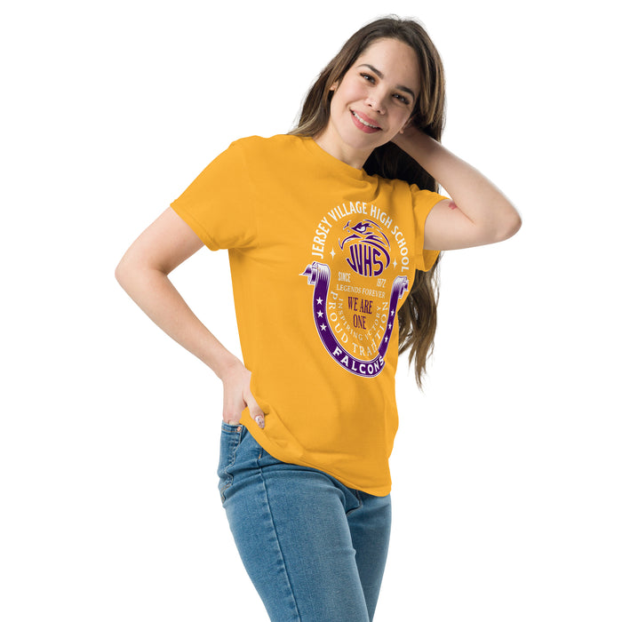 Woman wearing Jersey Village High School Falcons Gold Classic Unisex T-shirt 229