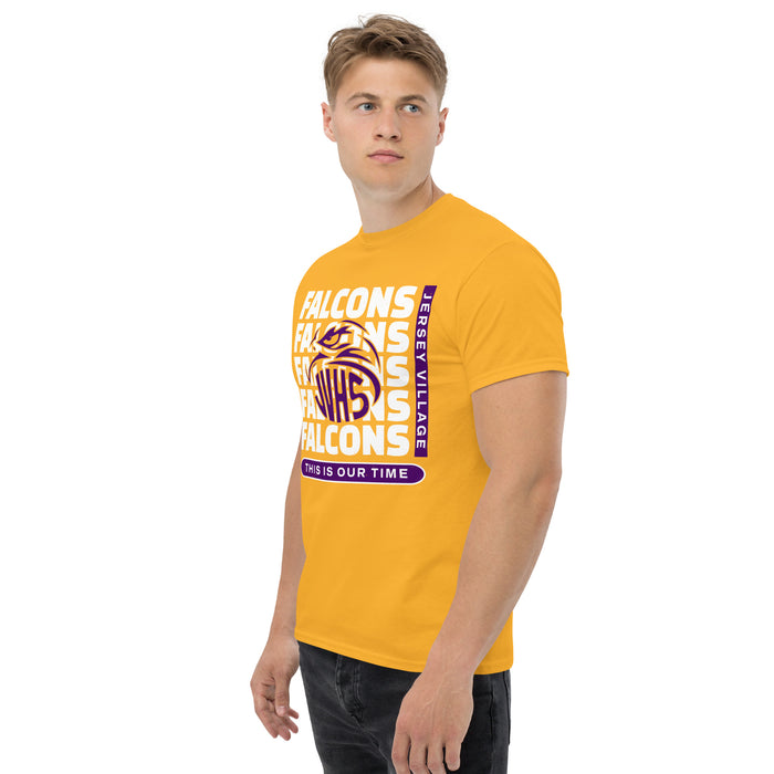 Man wearing Jersey Village High School Falcons Gold Classic Unisex T-shirt 235