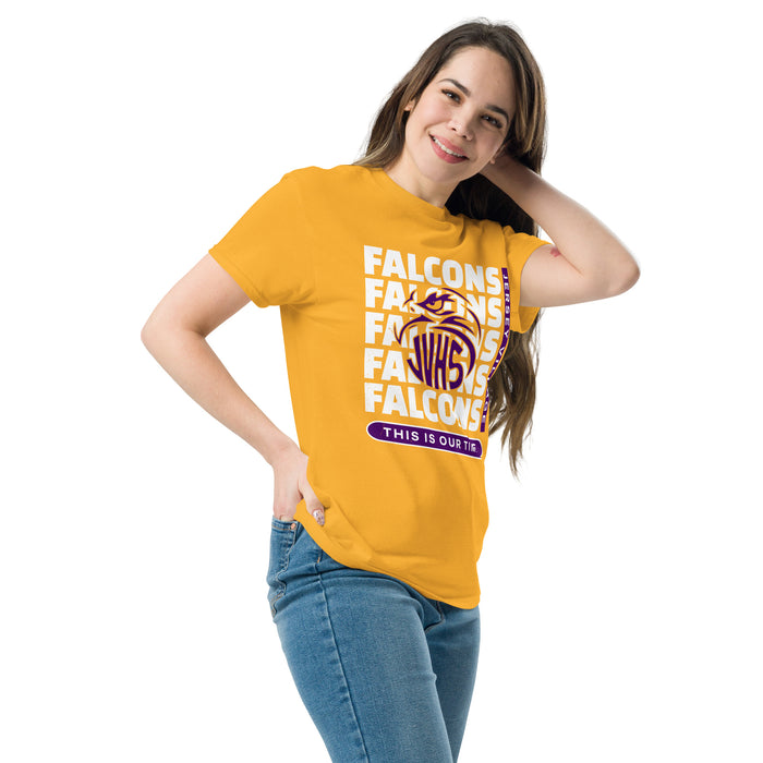 Woman wearing Jersey Village High School Falcons Gold Classic Unisex T-shirt 235
