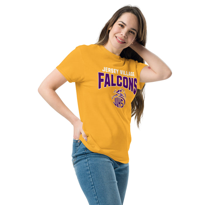 Woman wearing Jersey Village High School Falcons Gold Classic Unisex T-shirt 234