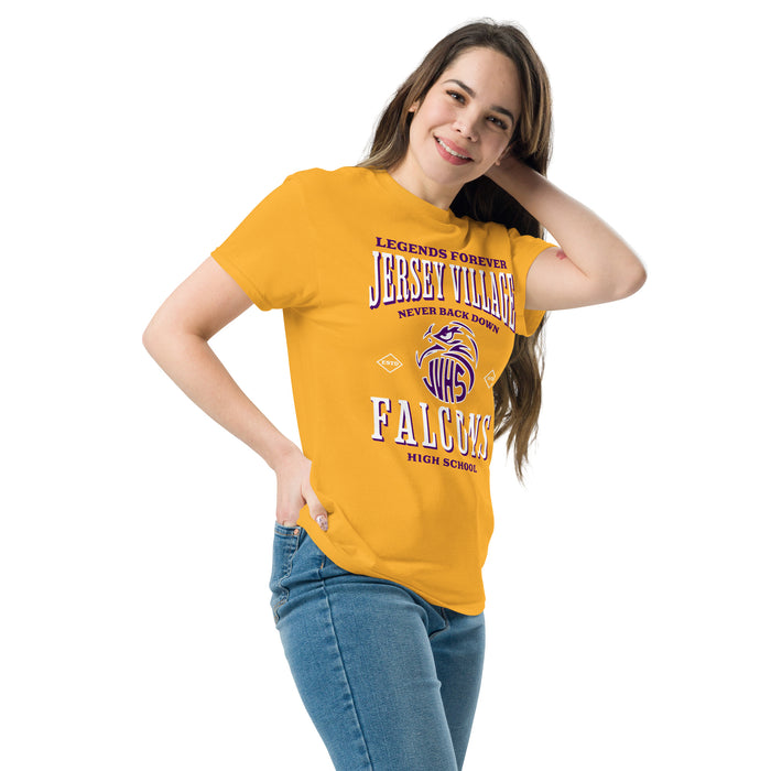 Woman wearing Jersey Village High School Falcons Gold Classic Unisex T-shirt 230