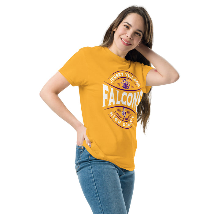 Woman wearing Jersey Village High School Falcons Gold Classic Unisex T-shirt 218