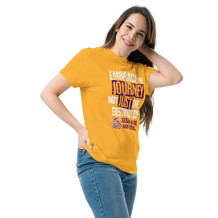 Woman wearing Jersey Village High School Falcons Gold Classic Unisex T-shirt 232