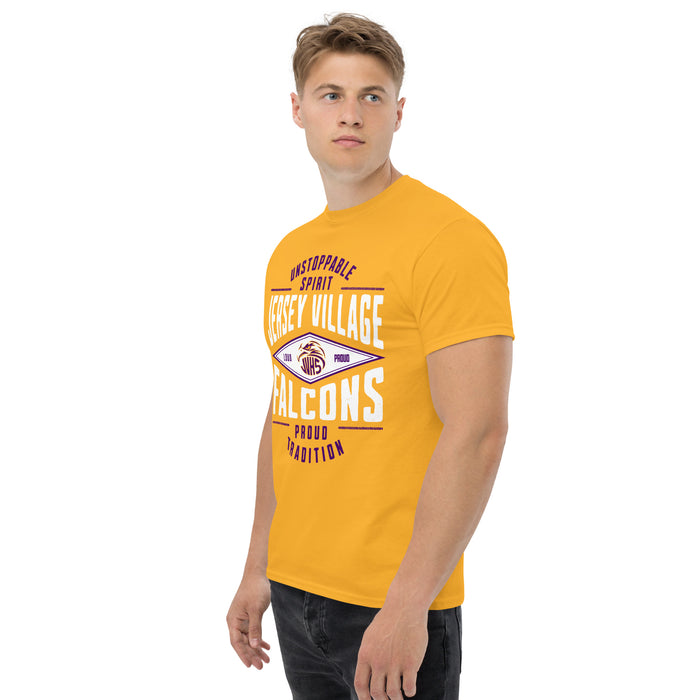 Man wearing Jersey Village High School Falcons Gold Classic Unisex T-shirt 210