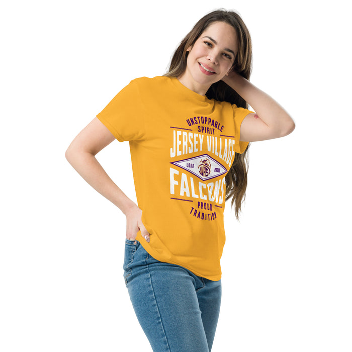 Woman wearing Jersey Village High School Falcons Gold Classic Unisex T-shirt 210