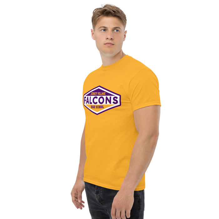 Man wearing Jersey Village High School Falcons Gold Classic Unisex T-shirt 009