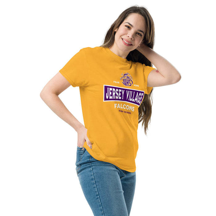 Woman wearing Jersey Village High School Falcons Gold Classic Unisex T-shirt 202