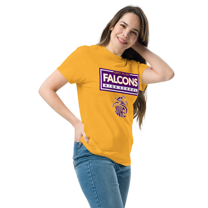 Woman wearing Jersey Village High School Falcons Gold Classic Unisex T-shirt 049