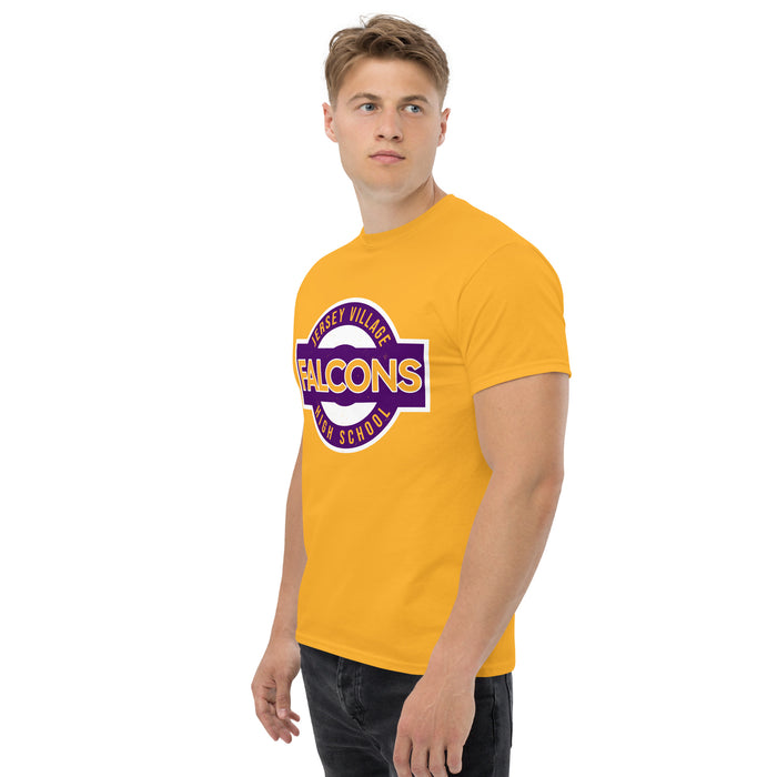 Man wearing Jersey Village High School Falcons Gold Classic Unisex T-shirt 011