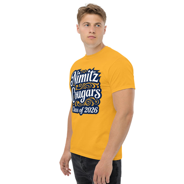 Man wearing Nimitz High School Cougars Gold Classic Unisex T-shirt 253