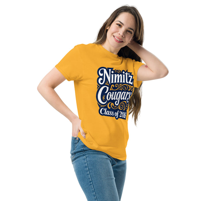 Woman wearing Nimitz High School Cougars Gold Classic Unisex T-shirt 253