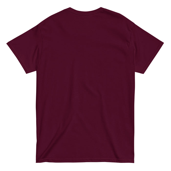 Back view of Round Rock High School Dragons Maroon Classic Unisex T-shirt 234