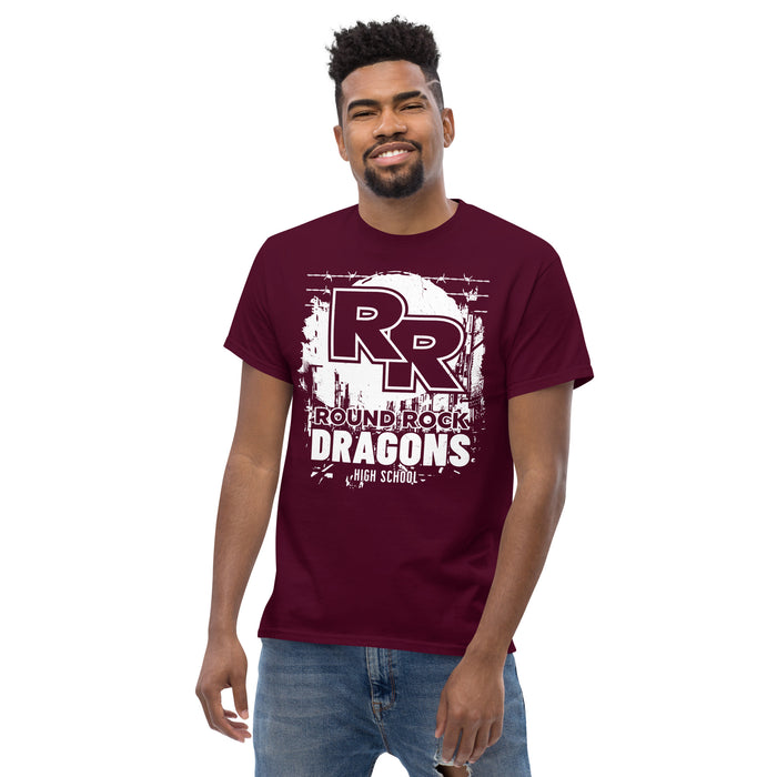 Man wearing Round Rock High School Dragons Maroon Classic Unisex T-shirt 202