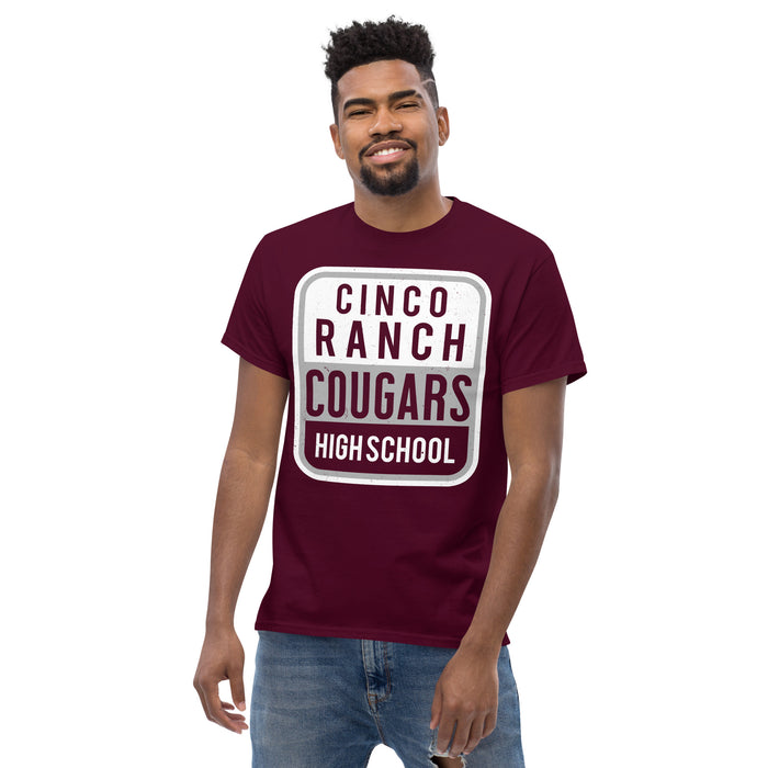 Man wearing Cinco Ranch High School Cougars Classic Unisex Maroon T-shirt 001