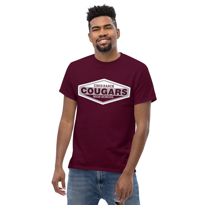 Man wearing Cinco Ranch High School Cougars Classic Unisex Maroon T-shirt 009