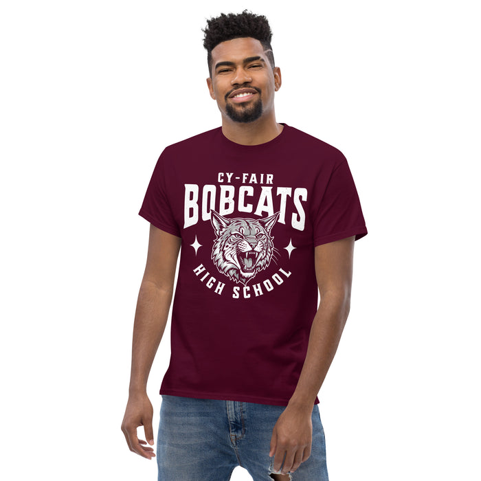 Man wearing Cy-Fair High School Bobcats Maroon Classic Unisex T-shirt 213