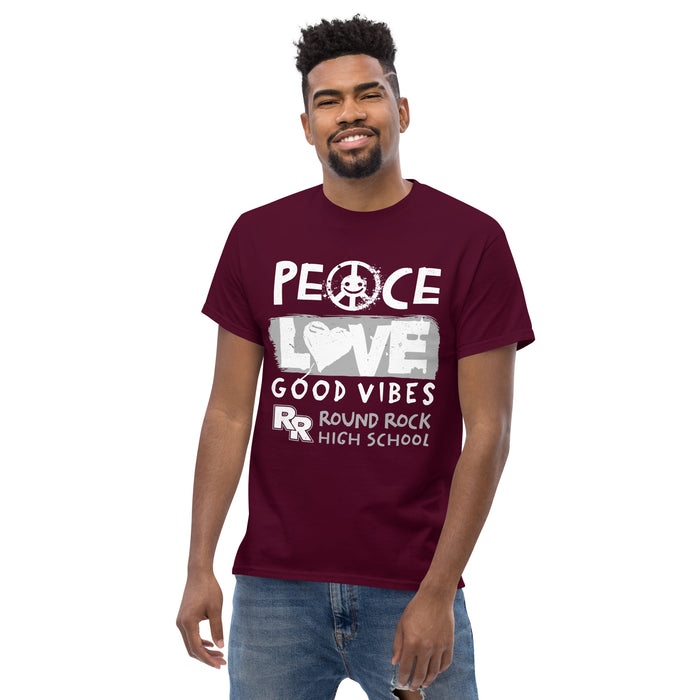 Front view of Man wearing Round Rock High School Dragons Maroon Classic Unisex T-shirt 240