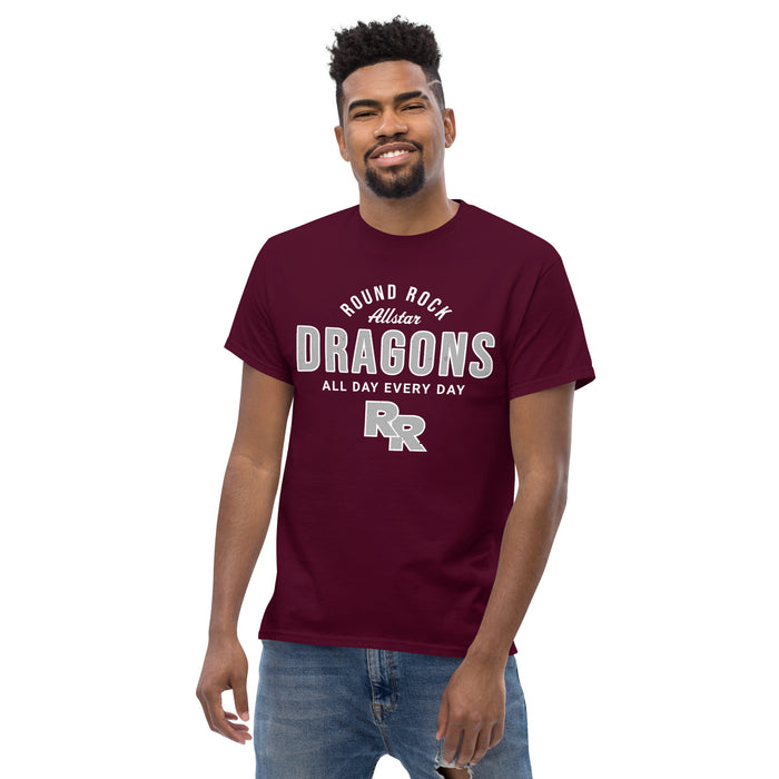Front view of Round Rock High School Dragons Maroon Classic Unisex T-shirt 040