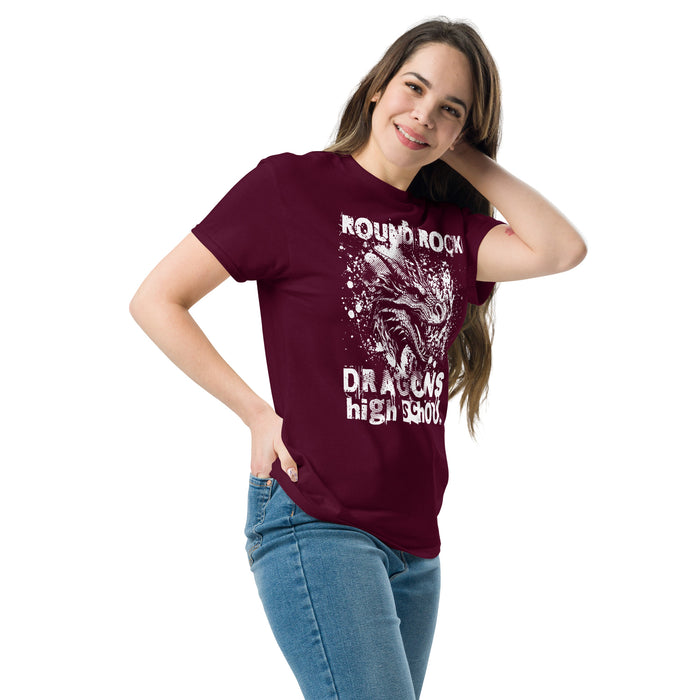 Woman wearing Round Rock High School Dragons Maroon Classic Unisex T-shirt 205