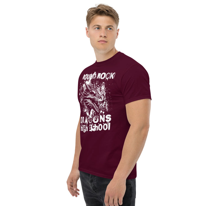 Side view of Round Rock High School Dragons Maroon Classic Unisex T-shirt 205