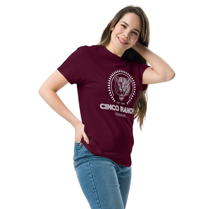 Woman wearing Cinco Ranch High School Cougars Classic Unisex Maroon T-shirt 226