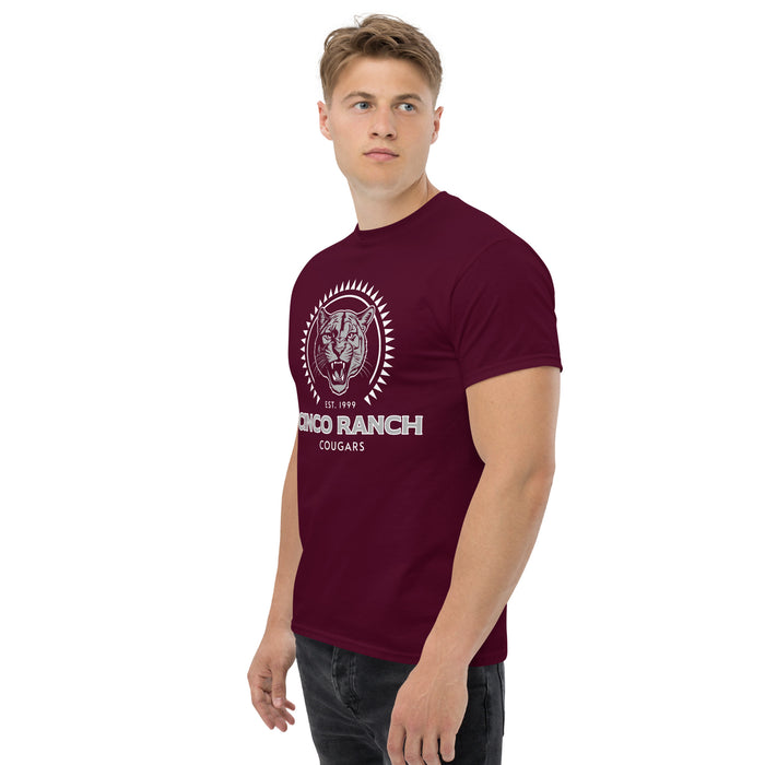 Side view of Cinco Ranch High School Cougars Classic Unisex Maroon T-shirt 226