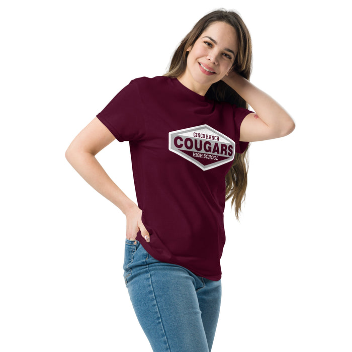 Woman wearing Cinco Ranch High School Cougars Classic Unisex Maroon T-shirt 009