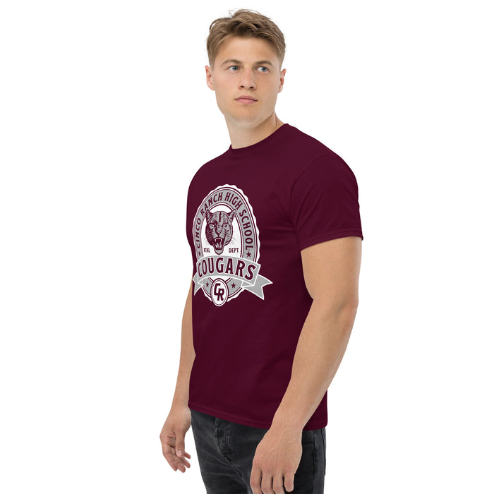 Man wearing Cinco Ranch High School Cougars Classic Unisex Maroon T-shirt 212